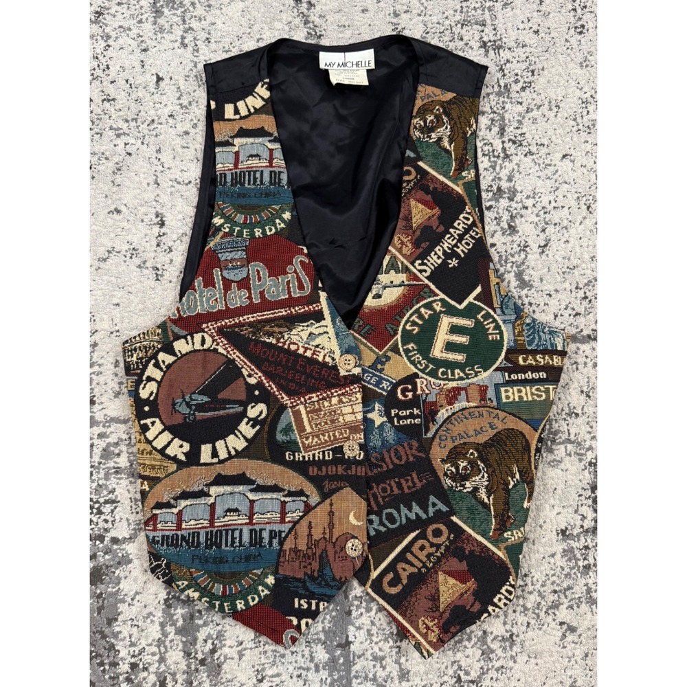 Vintage My Michelle L Travel Tapestry Button Vest Made USA 90s